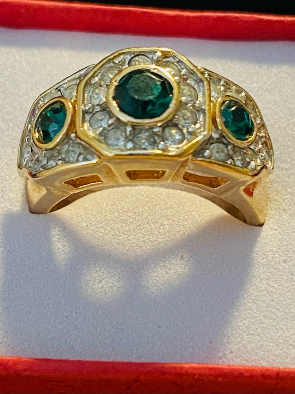 Emerald Gold-Tone Ring with Green Center and Clear Accents